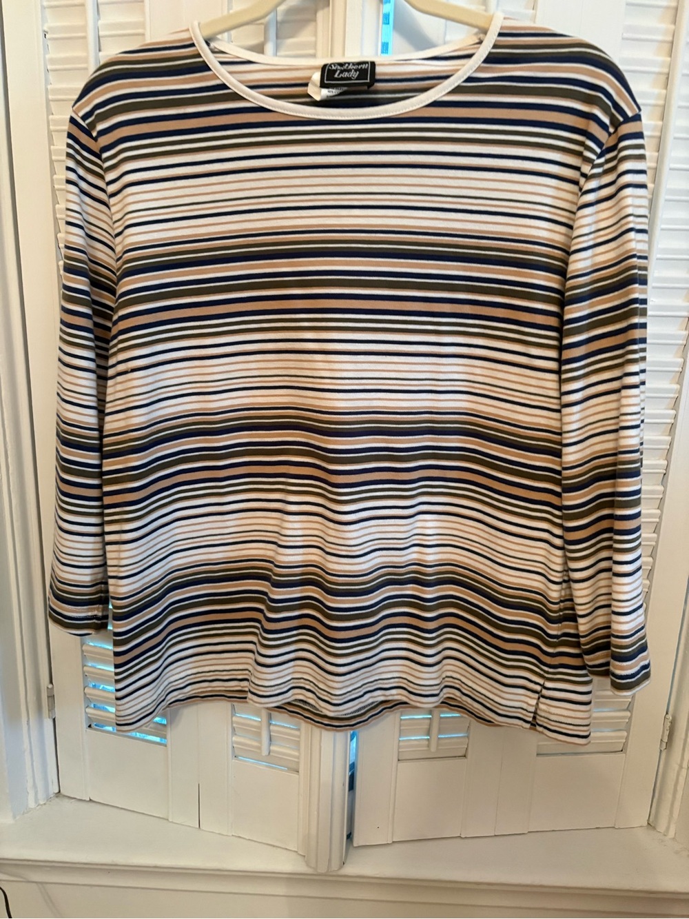Southern Lady Striped Long-Sleeve Top in White, Navy & Tan